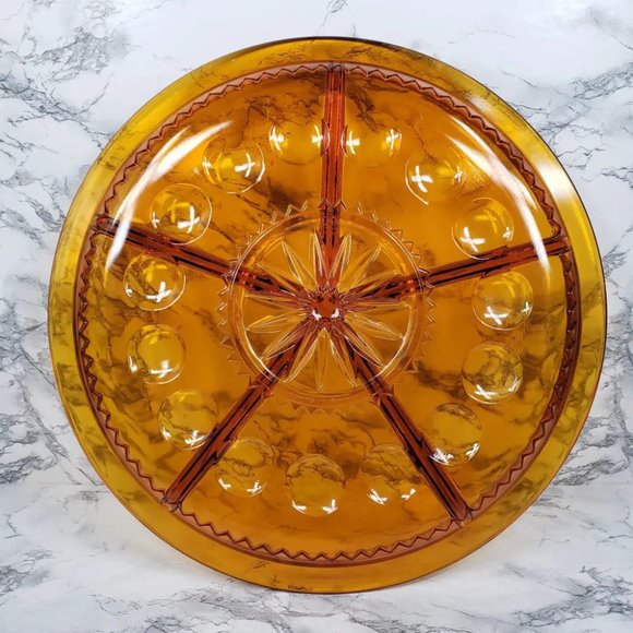 Rare 14" Indiana Amber Kings Crown Thumbprint Serving Tray Vintage - Picture 4 of 6